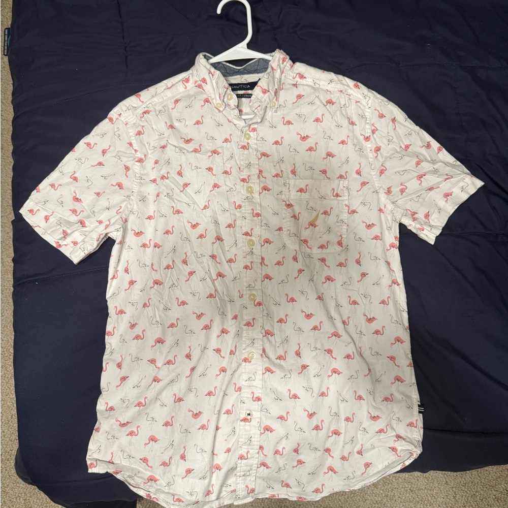 Nautica White Shirt with Pink Flamingo Print